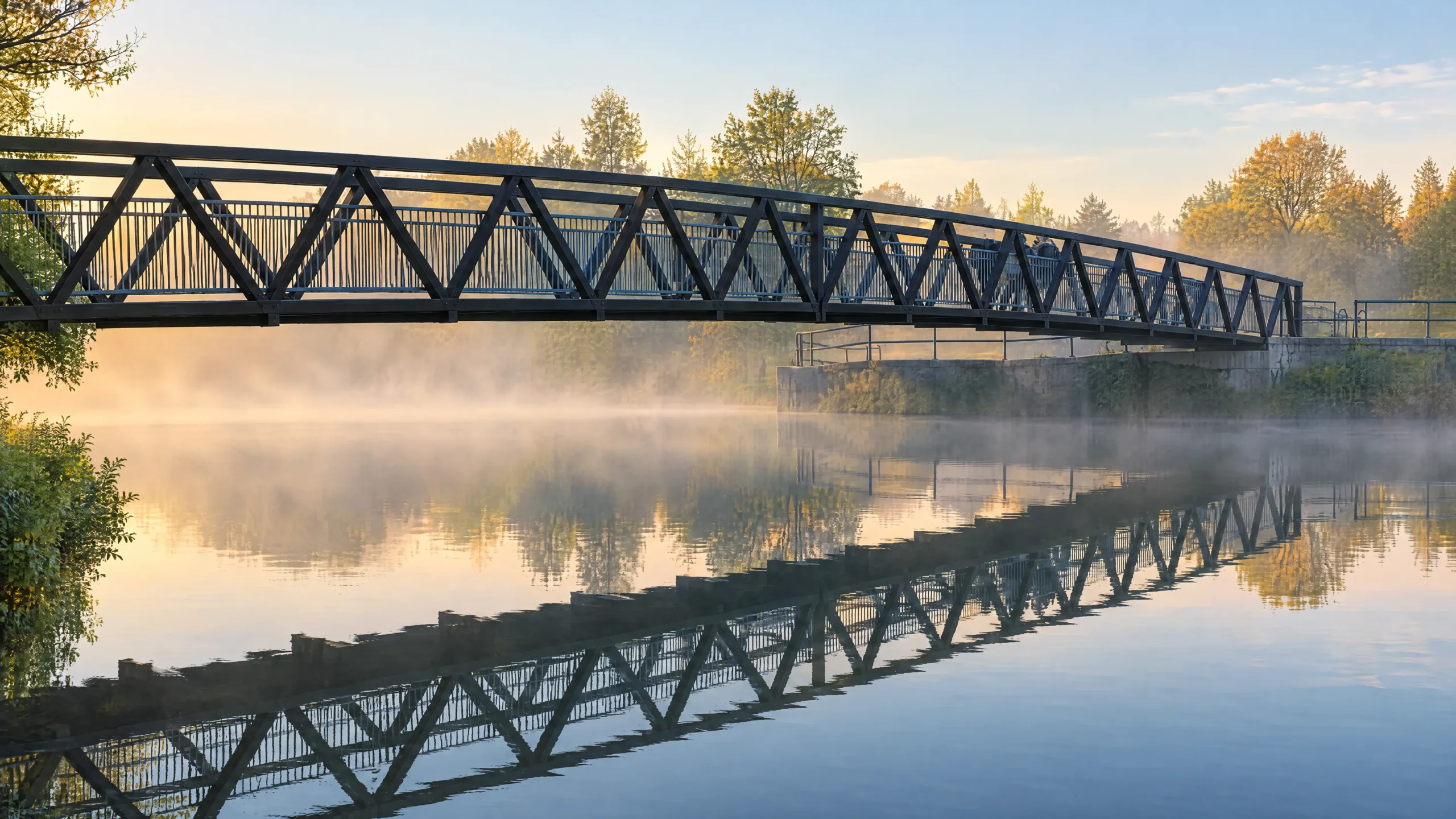 AI-enhanced footbridge in Riverside Park, Guelph, based on a 2006 photograph